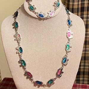 Silver & Colorful Glass Dancing Elephants Necklace & Matching Bracelet